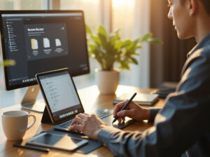 In einem gemütlichen, natürlich beleuchteten Arbeitsbereich arbeitet ein junger Profi in smarter Freizeitkleidung mit einem iPad, das über Remote Desktop mit einer Windows-Oberfläche verbunden ist, auf der Unternehmensdateien angezeigt werden. Neben einer Bluetooth-Tastatur und einem Stylus stehen eine Kaffeetasse und ein Notizbuch, während warmes Tageslicht durch durchsichtige Vorhänge strömt.