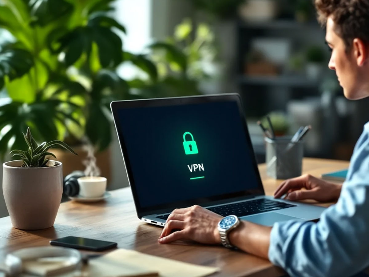 In einem gemütlichen, natürlich beleuchteten Home Office arbeitet ein junger Profi in lässiger Businesskleidung konzentriert an einem Laptop, der eine VPN-Verbindung mit einem sicheren grünen Schloss-Symbol zeigt. Neben ihm stehen eine Kaffeetasse, ein Smartphone und kabellose Kopfhörer, während eine grüne Zimmerpflanze für eine beruhigende Atmosphäre sorgt.