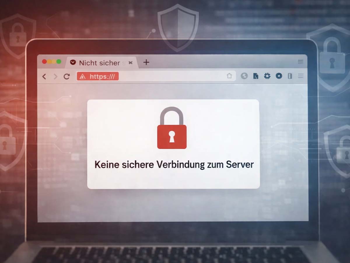 Das Bild zeigt einen Computerbildschirm mit einer Fehlermeldung im Browser, die besagt „Keine sichere Verbindung zum Server“. Diese Warnung deutet auf ein Problem mit SSL-Zertifikaten hin, das die Sicherheit der Webseite und die Datenübertragung gefährdet.